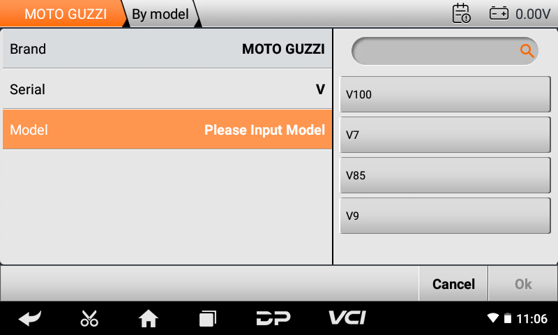 iScan Moto Guzzi model selection screen for the V series