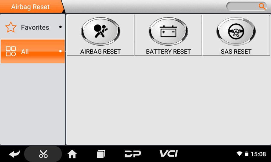 OBDSTAR P50 function menu with Airbag Reset, Battery Reset and SAS Reset
