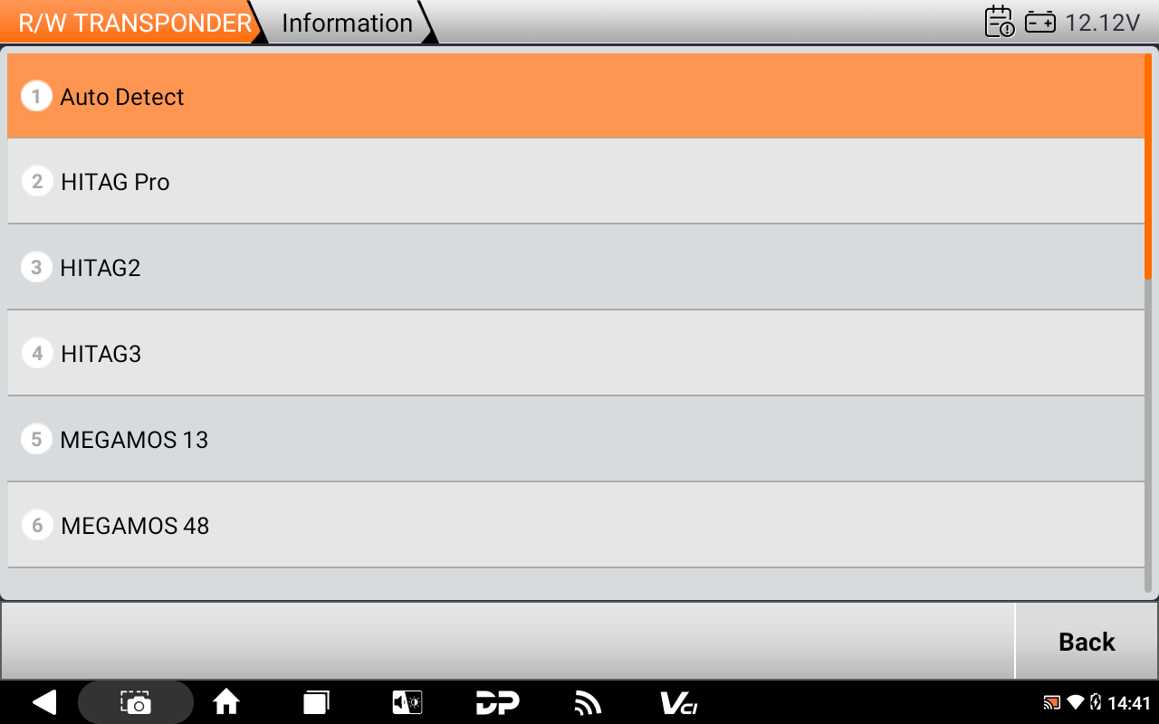 X300 Classic G3 R/W Transponder menu with Auto Detect, HITAG Pro, HITAG2, HITAG3 and Megamos options