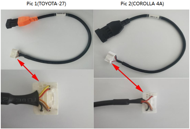 OBDSTAR TOYOTA-27 cable beside the older COROLLA 4A cable, with close-ups of their connector wiring