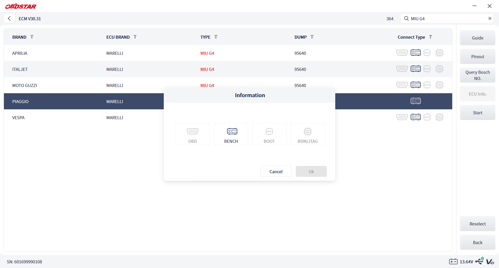 ECU MASTER connection mode dialog for a Marelli MIU G4 unit with bench mode available