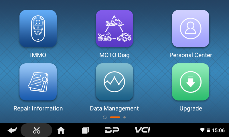 iScan Kawasaki home screen with IMMO, MOTO Diag, Repair Information, Data Management and Upgrade