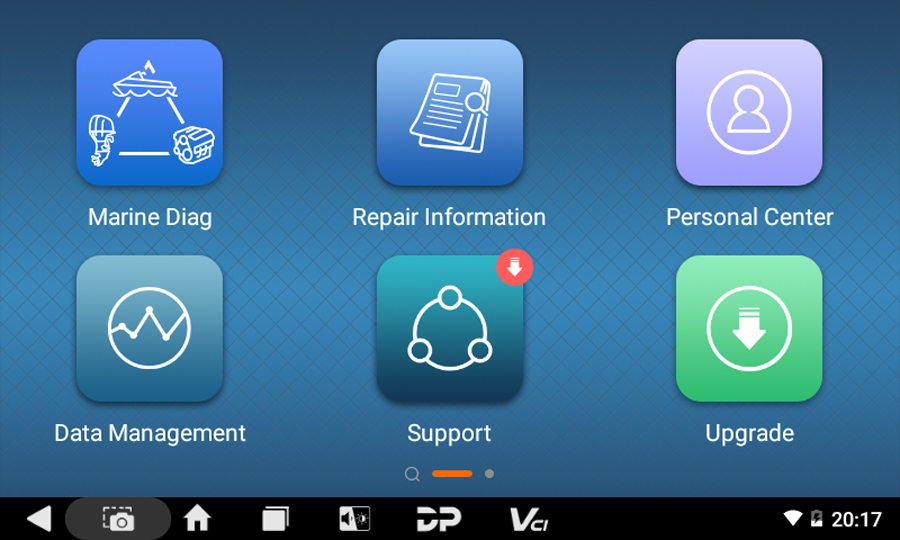 iScan Tohatsu home screen with Marine Diag, Repair Information, Personal Center, Data Management, Support and Upgrade icons