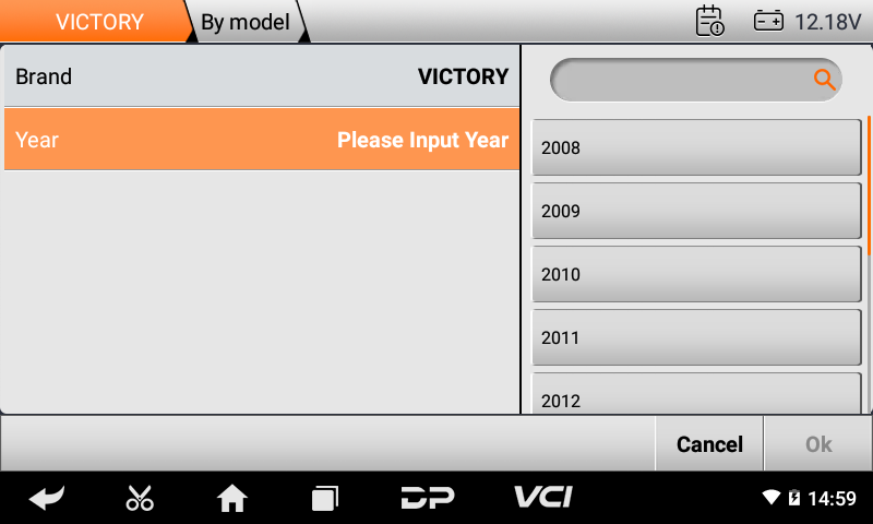 iScan Victory select by model screen with brand and model year list