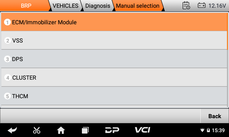 iScan BRP manual module selection listing ECM/Immobilizer, VSS, DPS, Cluster and THCM