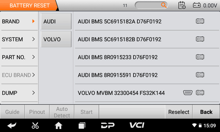 OBDSTAR P50 battery reset screen listing Audi BMS and Volvo MVBM modules