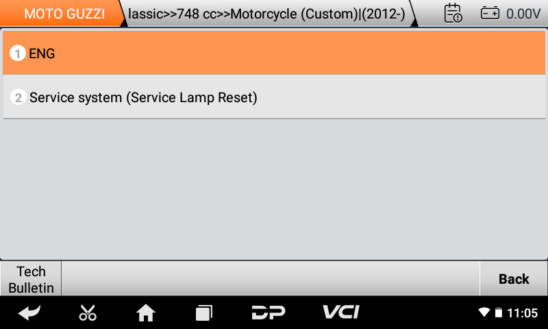 iScan Moto Guzzi system menu with engine and service lamp reset