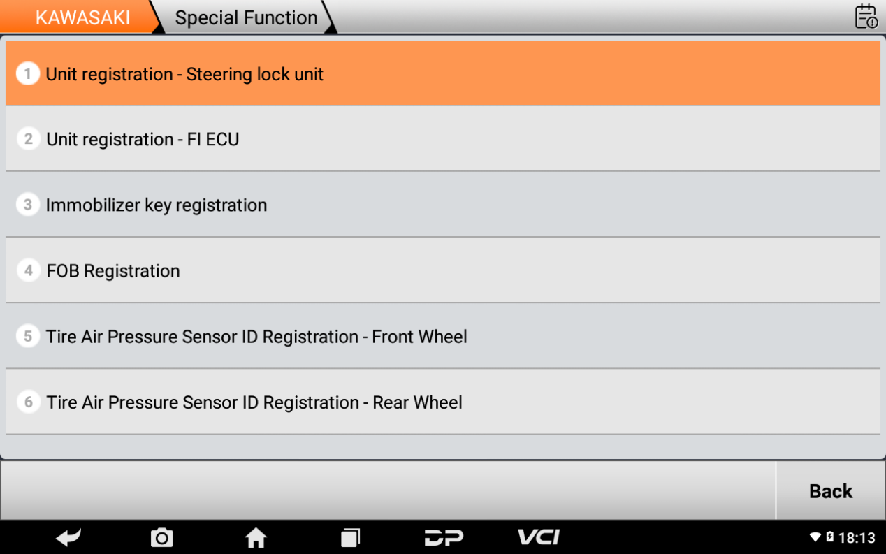 iScan Kawasaki special function menu with unit registration, immobilizer key, FOB and tire pressure sensor ID registration
