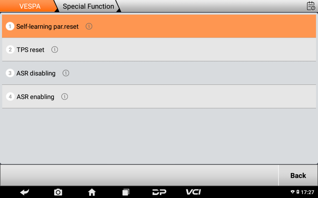 iScan Vespa special function menu with self-learning parameter reset, TPS reset and ASR enabling and disabling