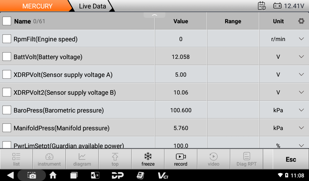 Mercury live data list with engine speed, battery voltage, sensor supply voltages and pressures