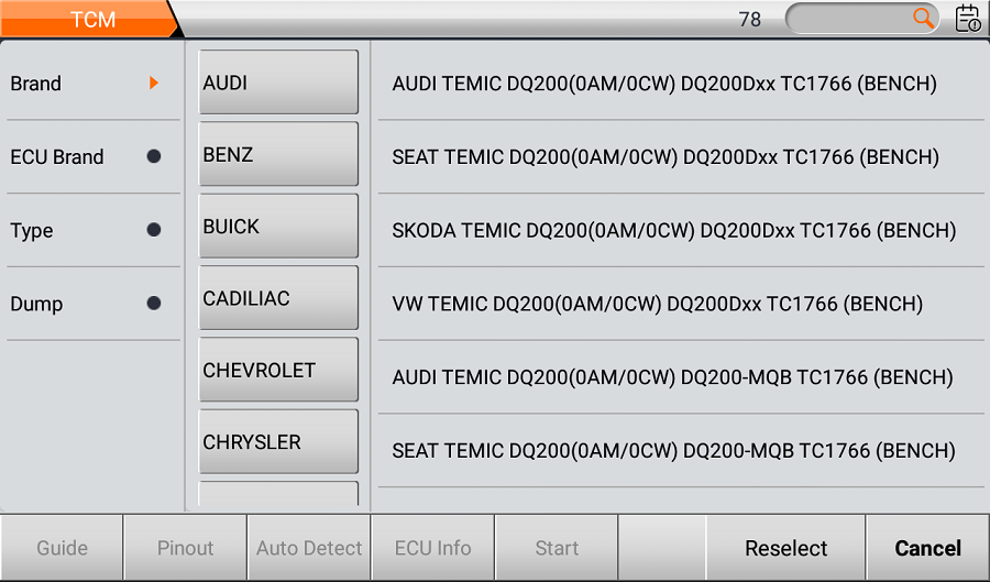 DC706 TCM list showing Temic DQ200 transmission controllers by brand