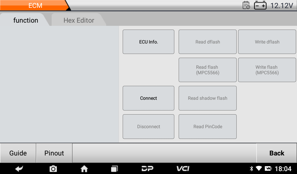 DC706 ECM function screen with ECU info, read and write flash, and read PIN code buttons