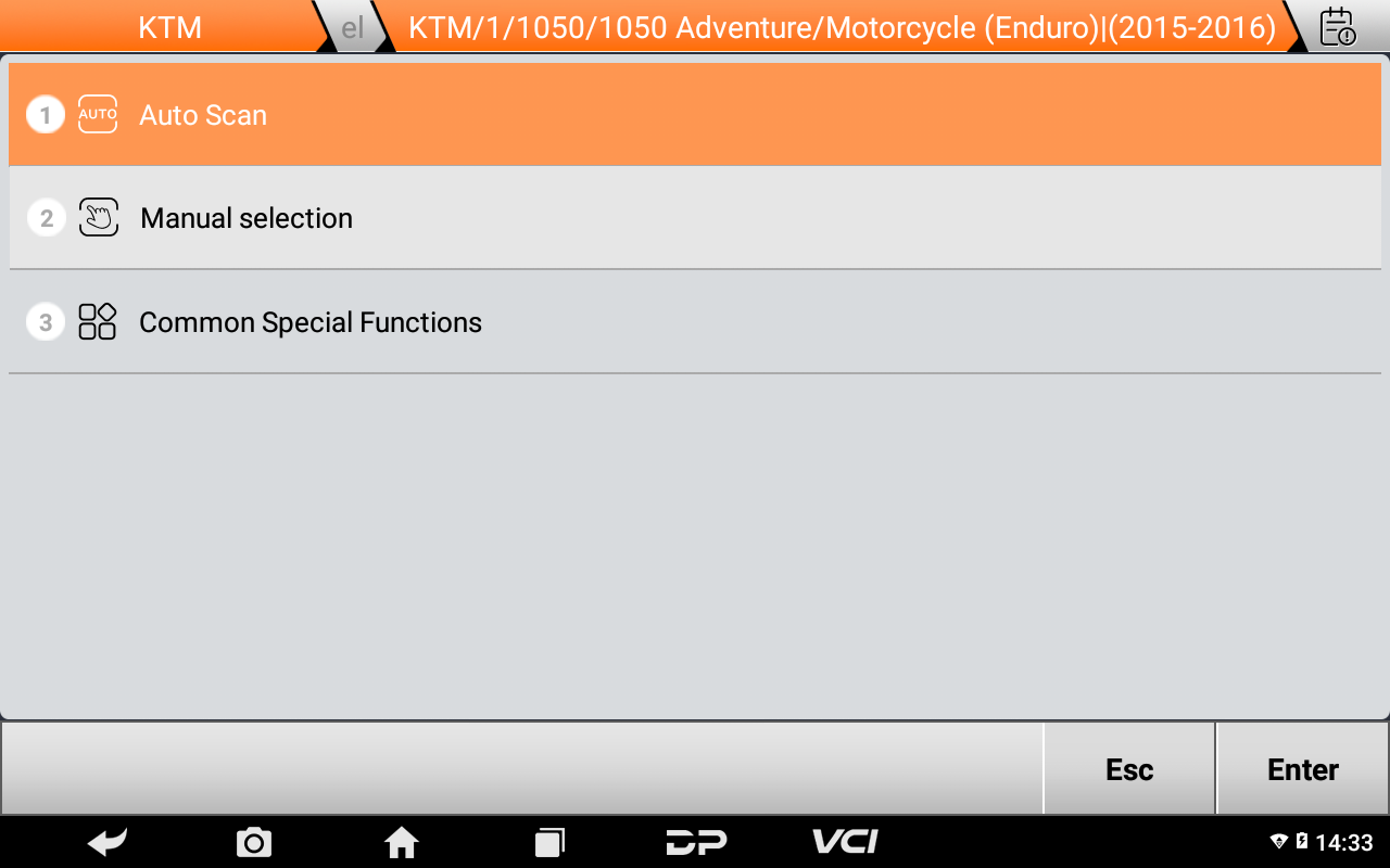 MOTOMASTER KTM 1050 Adventure menu with auto scan, manual selection and common special functions