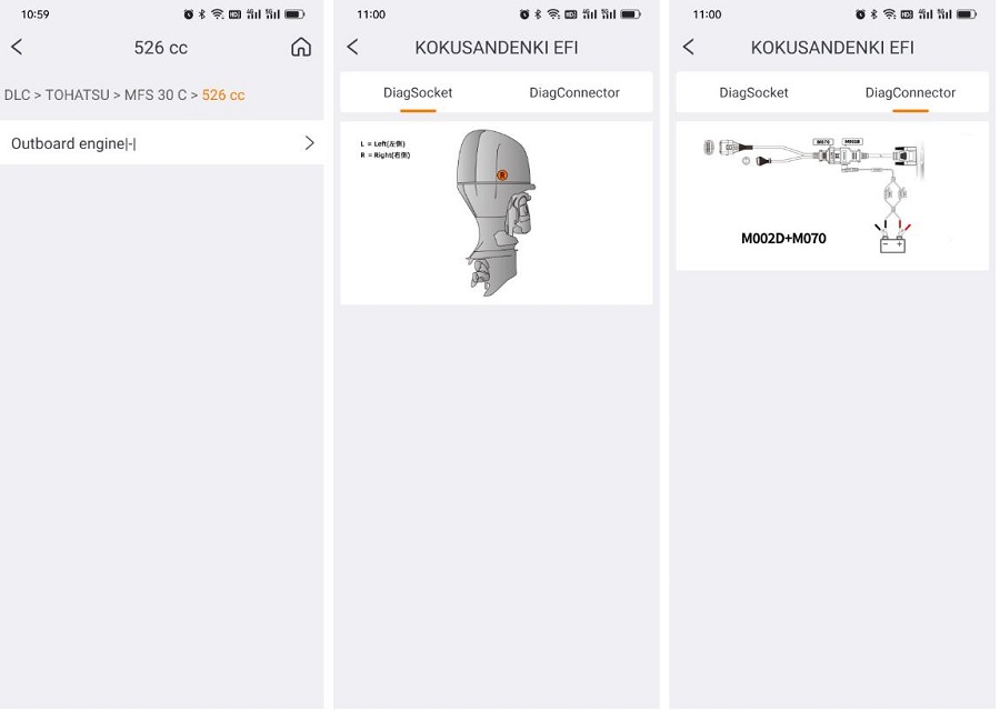 OBDSTAR app screens showing Tohatsu MFS 30 C diagnostic socket location and the M002D plus M070 connector setup