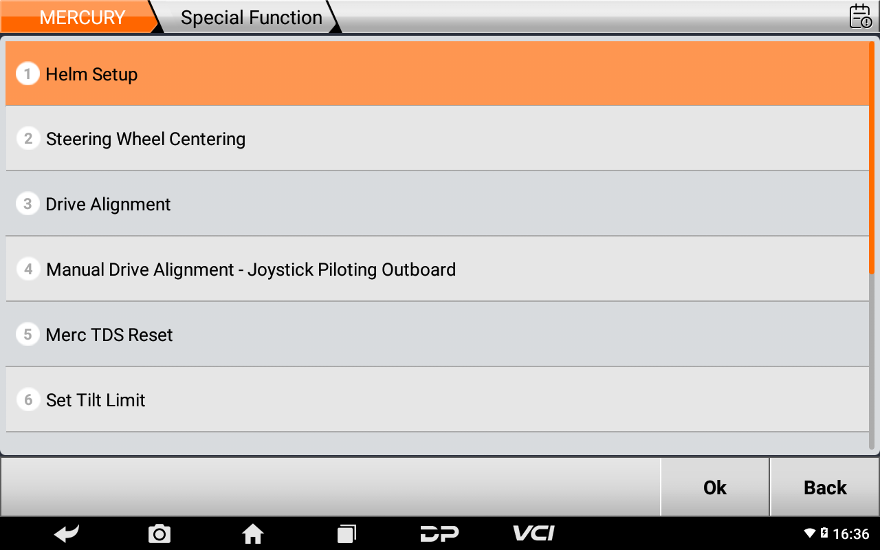 D800 Mercury special function menu with Helm Setup and drive alignment