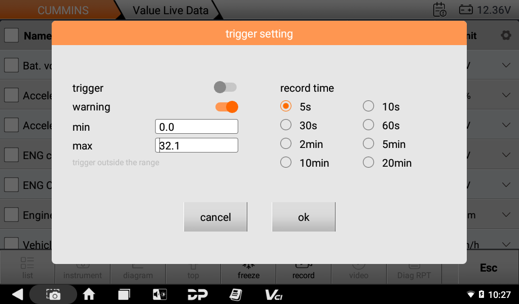 iScan PRO Cummins live data trigger setting with record time options