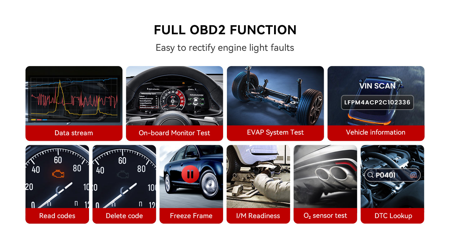 Full OBD2 functions: data stream, on-board monitor test, EVAP test, vehicle information, read and delete codes, freeze frame, I/M readiness, O2 sensor test and DTC lookup