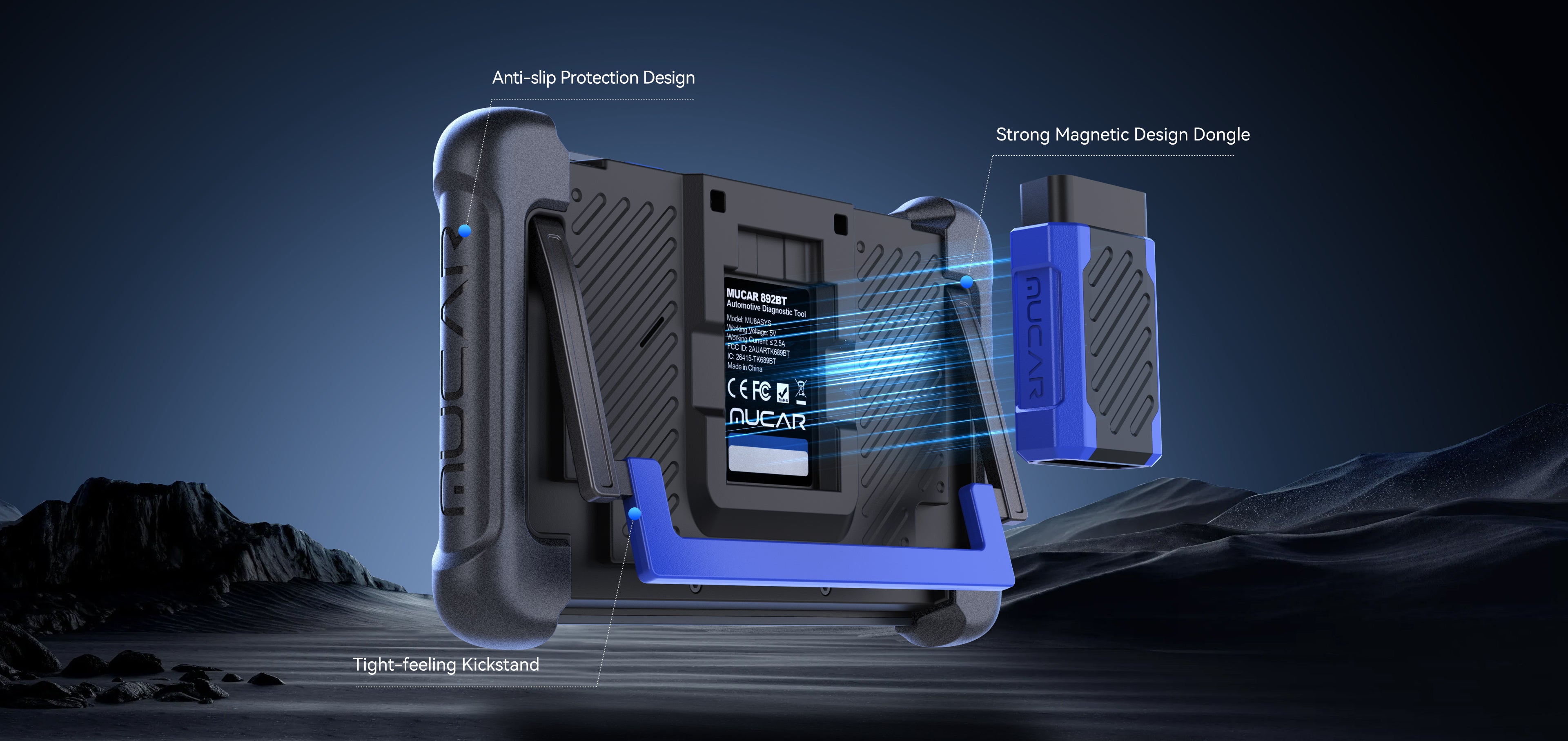 Back of the MUCAR 892BT with magnetic Bluetooth dongle, kickstand and non-slip bumpers