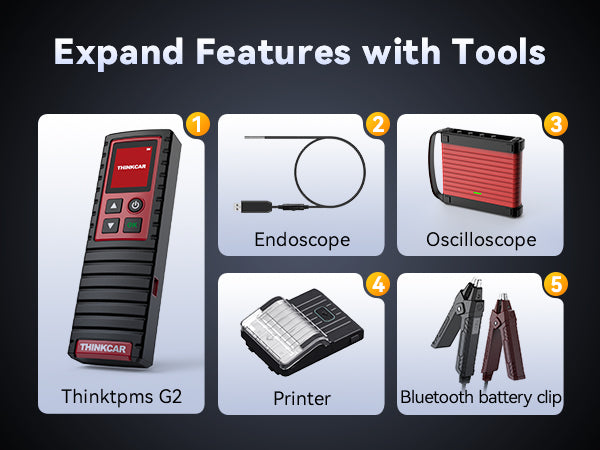 Accessories that work with THINKSCAN 689: THINKTPMS G2, endoscope, oscilloscope, printer and Bluetooth battery clip