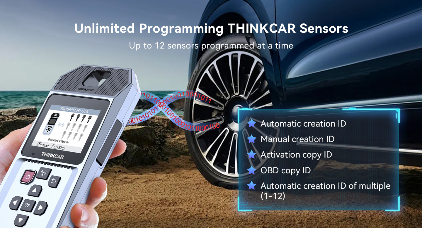 THINKCAR VENU 90 program sensor screen next to a car wheel, with ID creation and copy options