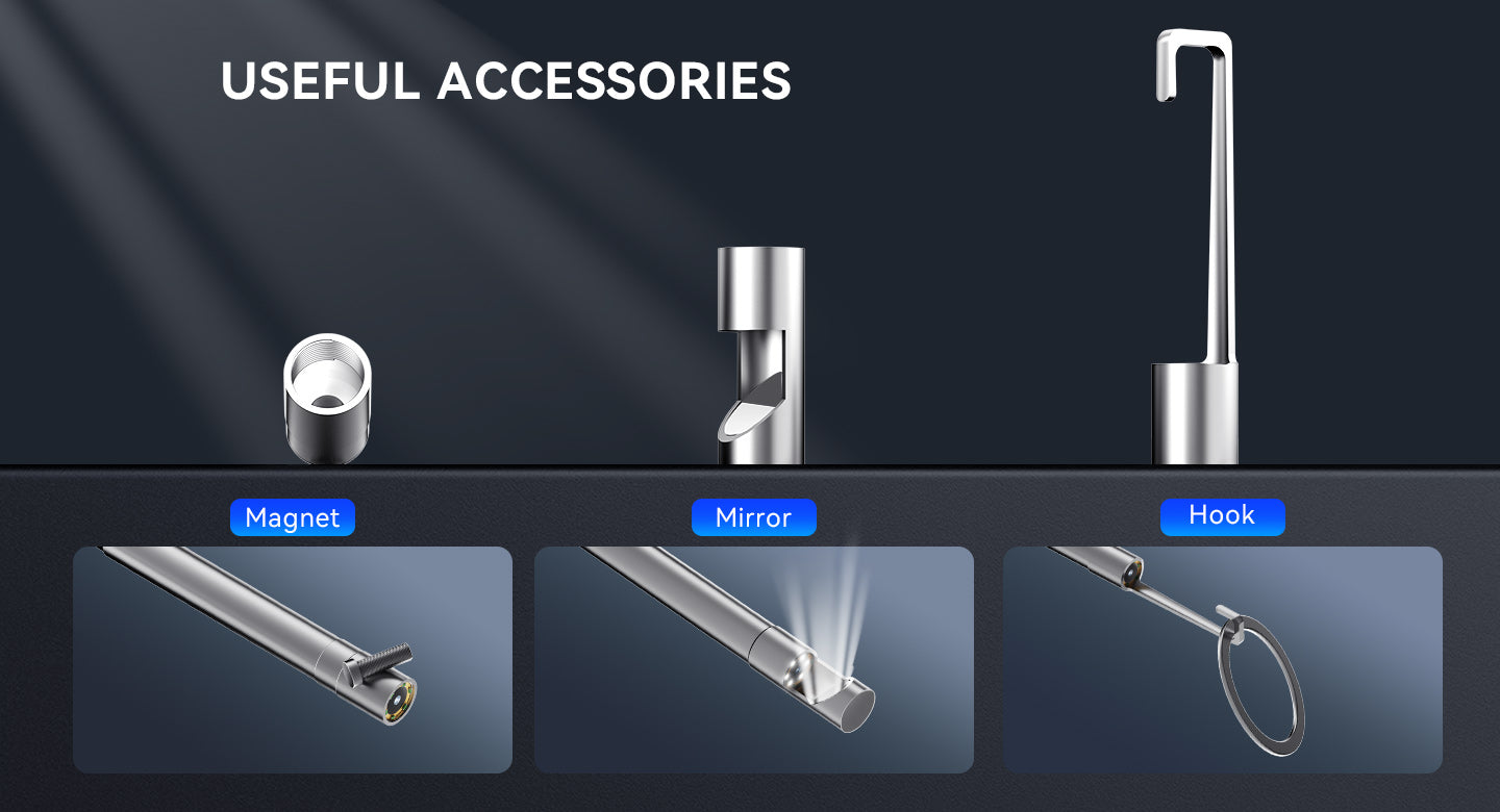 Magnet, mirror and hook attachments for the E021 probe tip