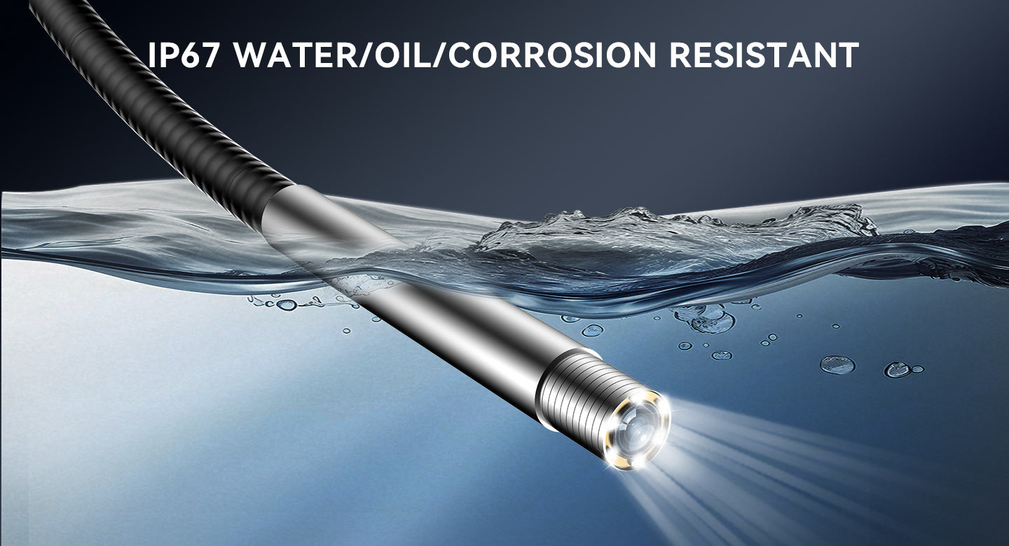 E021 probe tip with lit LEDs partly submerged in water