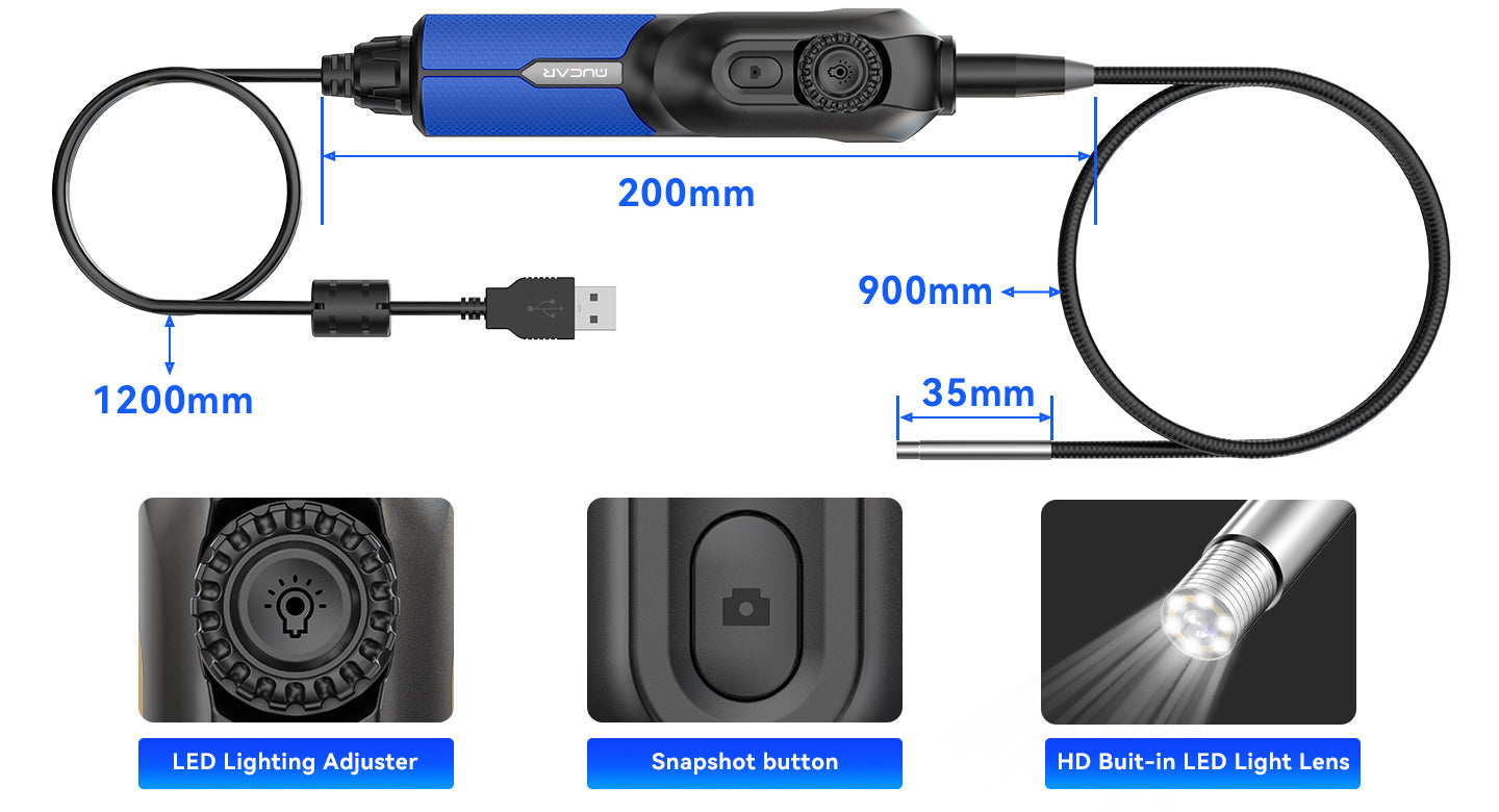 MUCAR E021 endoscope with handle, USB cable and probe dimensions, LED adjuster, snapshot button and LED lens