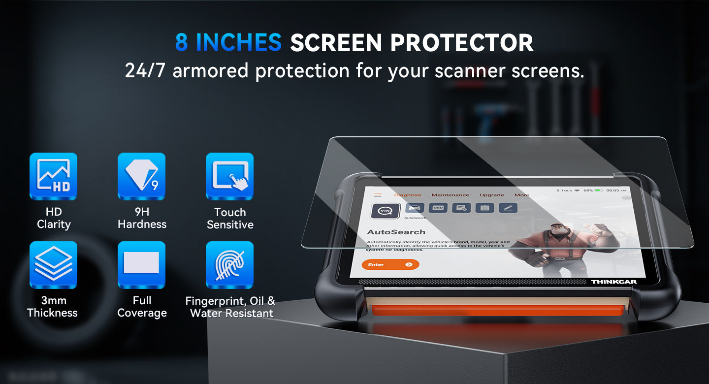 Tempered glass protector lifted above a THINKCAR scanner screen