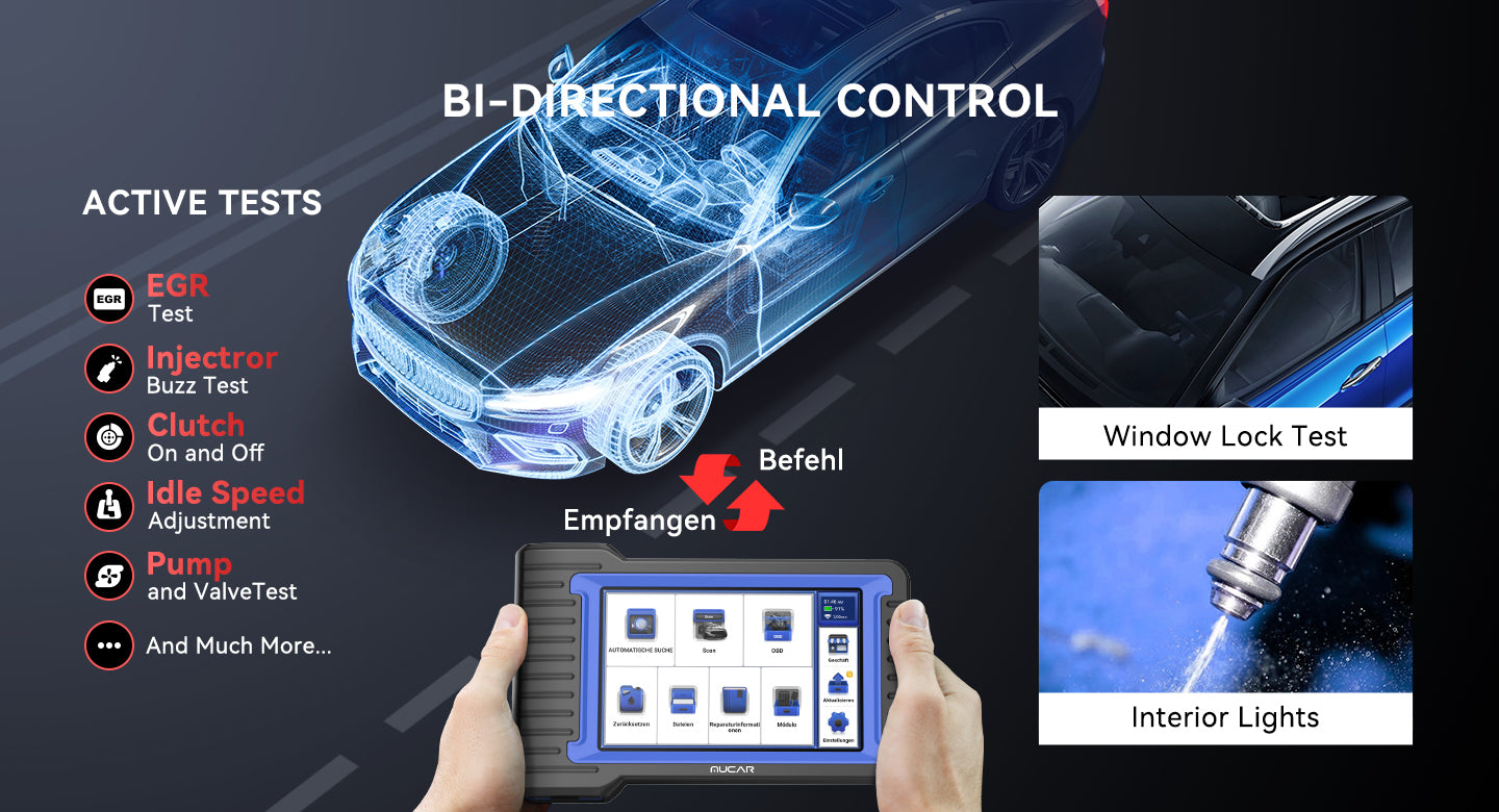 MUCAR VO7 S tablet running bi-directional active tests such as EGR, injector buzz, clutch and pump and valve tests