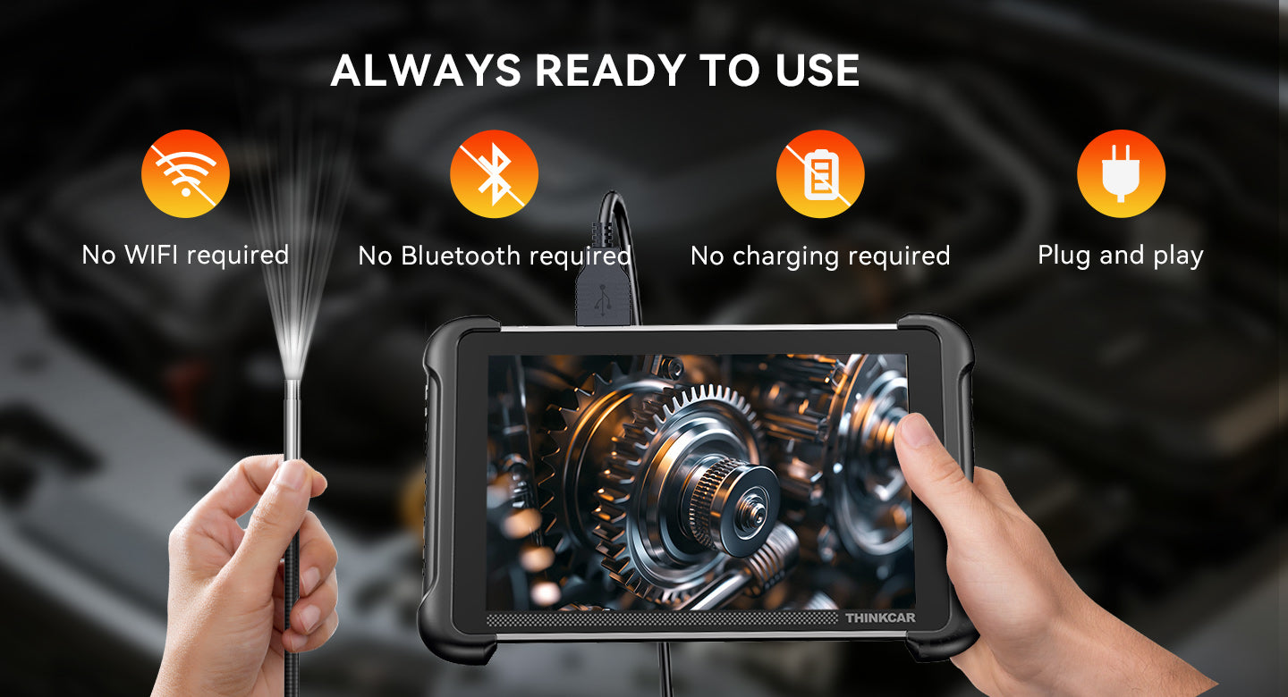 TES102 connected by USB to a THINKCAR tablet, with no Wi-Fi, no Bluetooth, no charging and plug-and-play icons