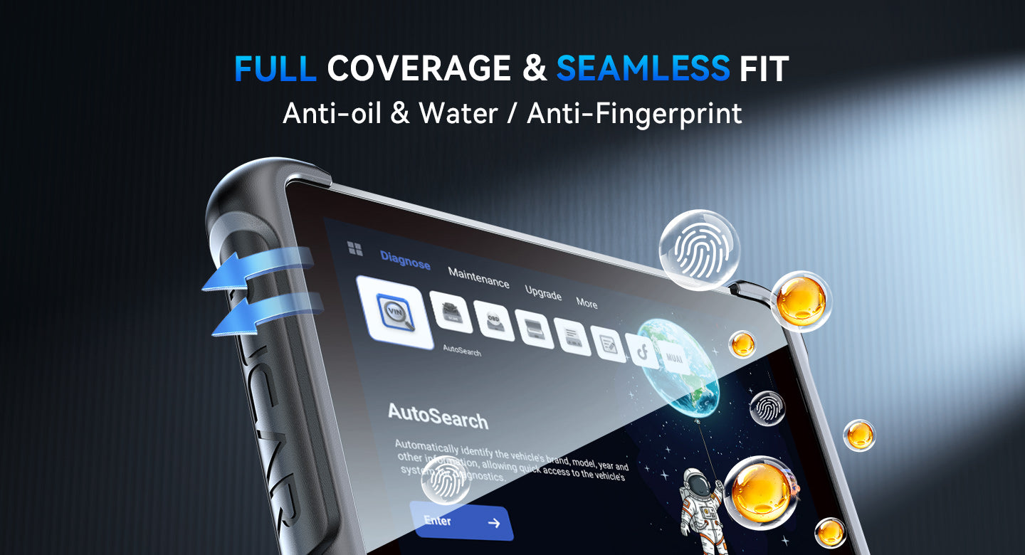 Screen protector on a MUCAR scanner repelling fingerprints, oil and water