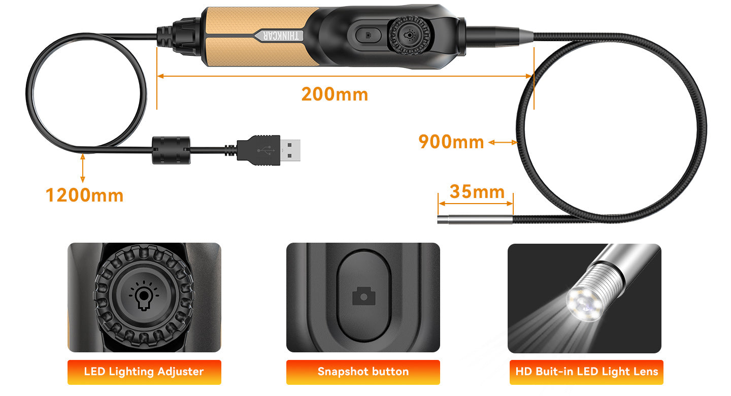 TES102 dimensions showing handle, USB cable, probe and rigid tip lengths, with LED adjuster, snapshot button and lens close-ups