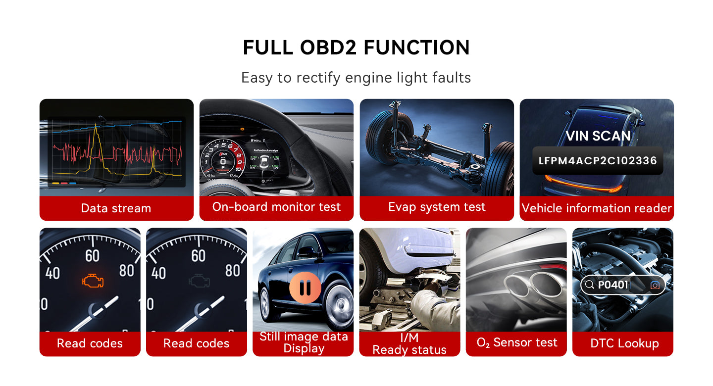 Full OBD2 functions including data stream, EVAP test, I/M readiness and O2 sensor test