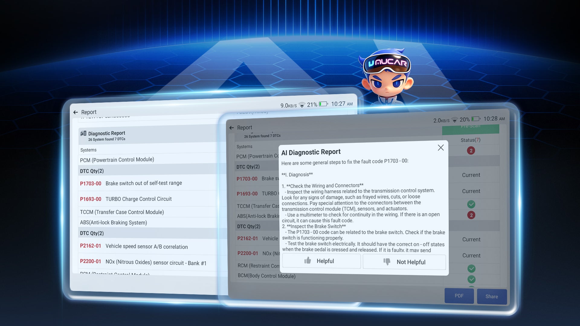 MUCAR diagnostic report with an AI diagnostic report window explaining repair steps for a fault code