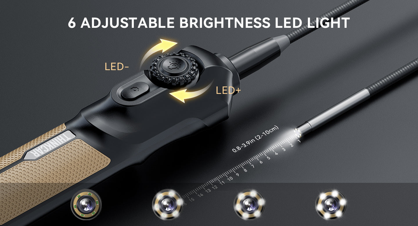 TES102 handle with LED brightness dial and lit probe tip at different brightness settings
