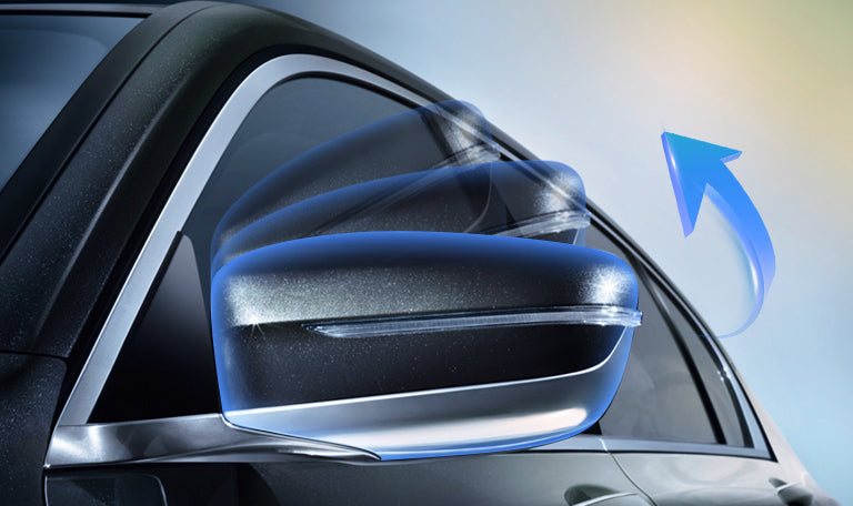 Folding side mirror illustrating an automatic mirror coding function
