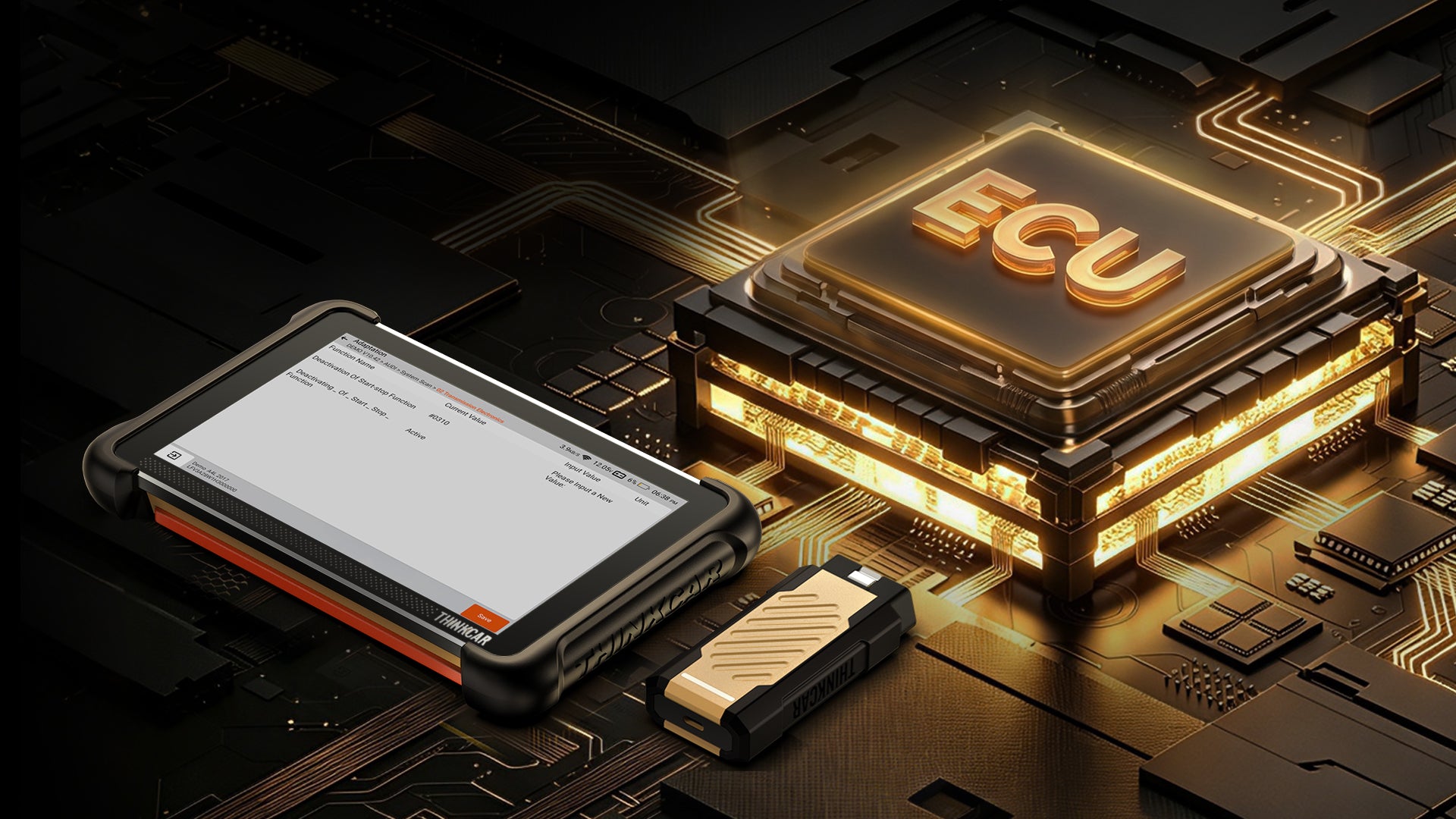 THINKSCAN 689BT PRO tablet and VCI showing an ECU adaptation screen