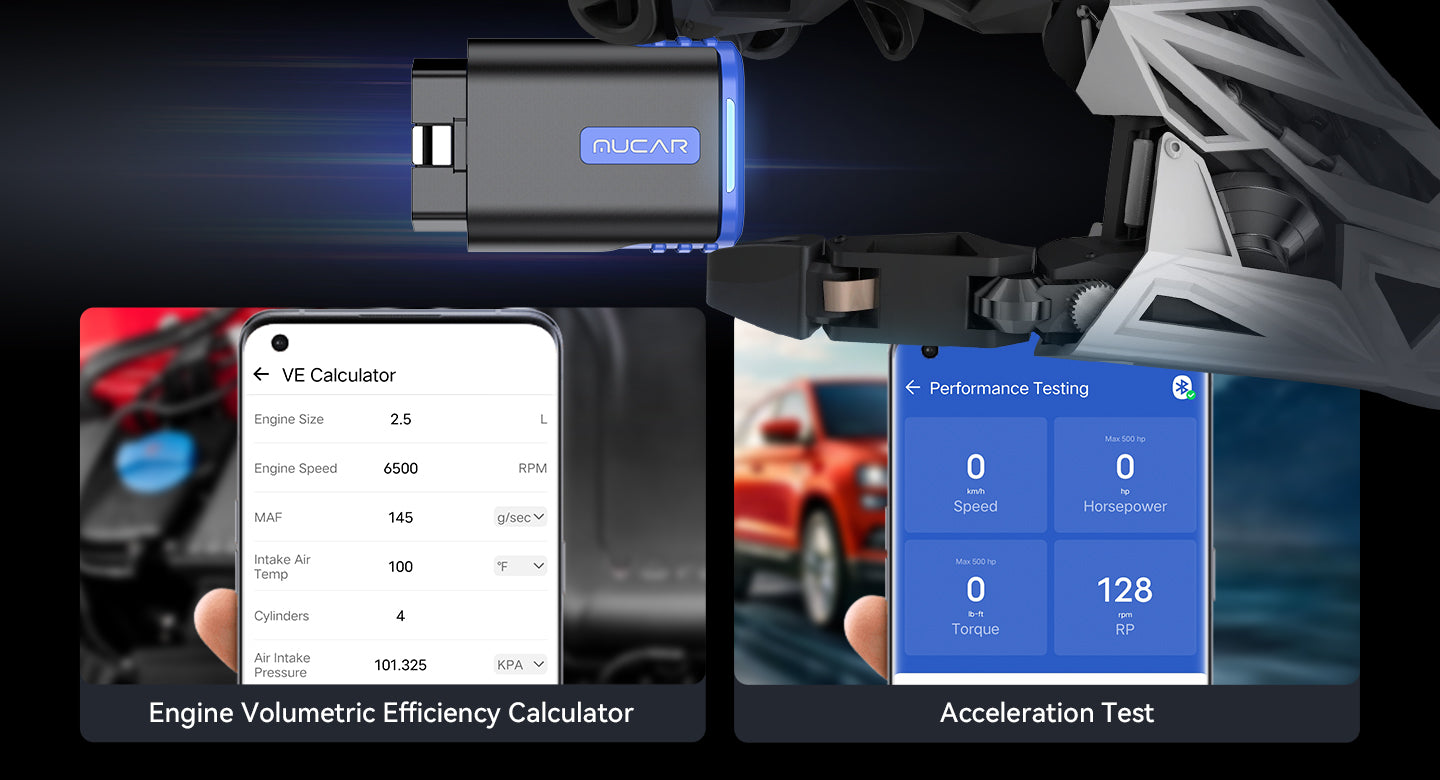 MUCAR DriverScan app screens for the engine volumetric efficiency calculator and acceleration test