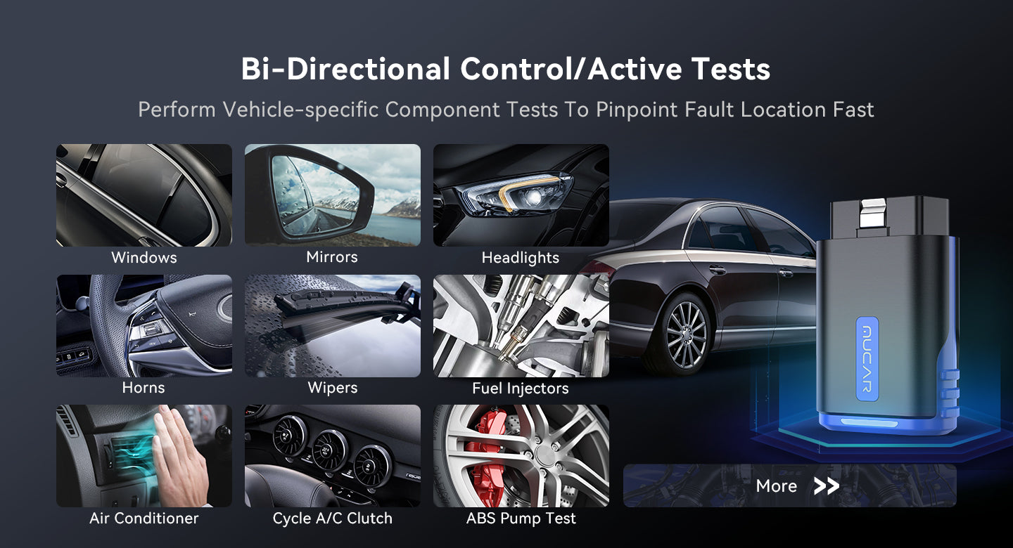 MUCAR DriverScan dongle with active test examples for windows, mirrors, headlights, horn, wipers, fuel injectors, air conditioner, A/C clutch and ABS pump