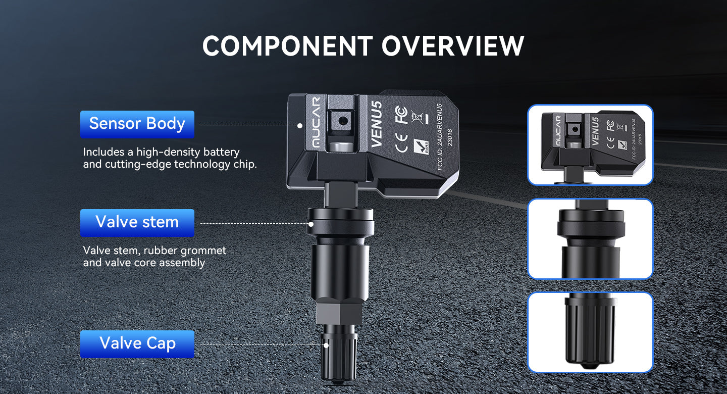 MUCAR VENU5 component overview labeling sensor body, valve stem and valve cap