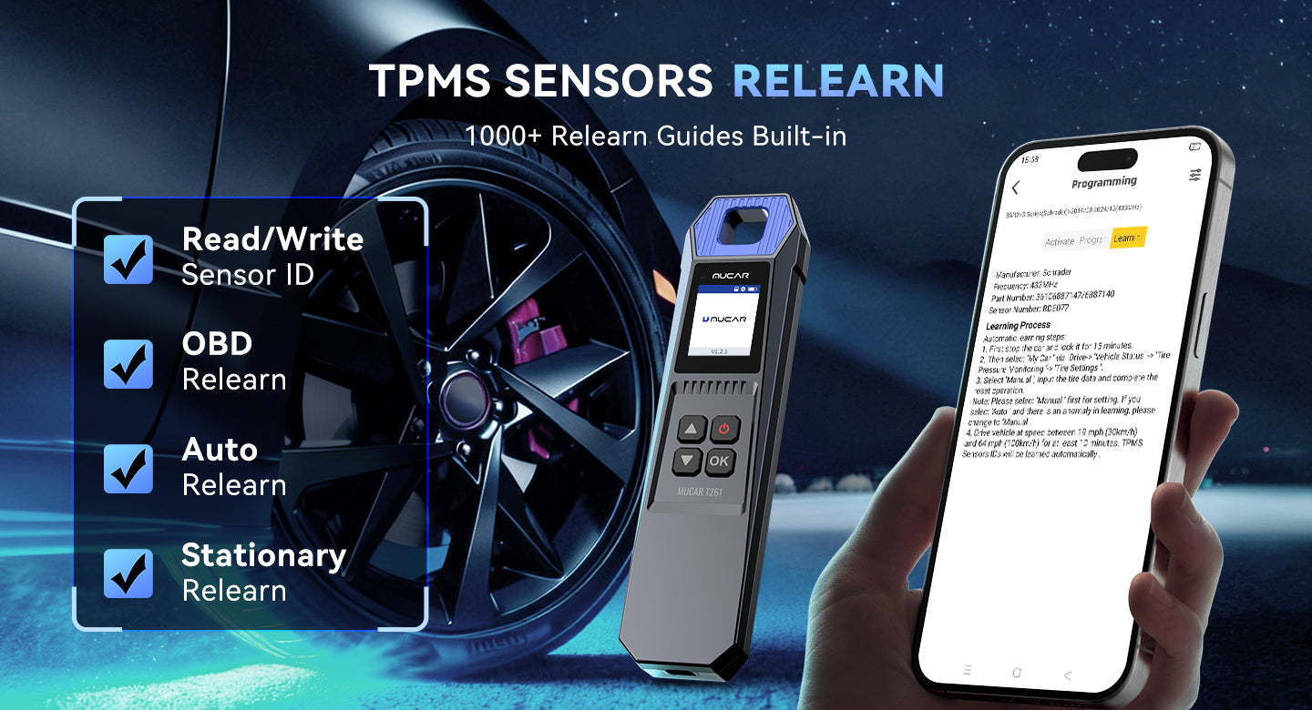 MUCAR T261 with a phone showing a relearn procedure, listing read/write sensor ID, OBD, auto and stationary relearn