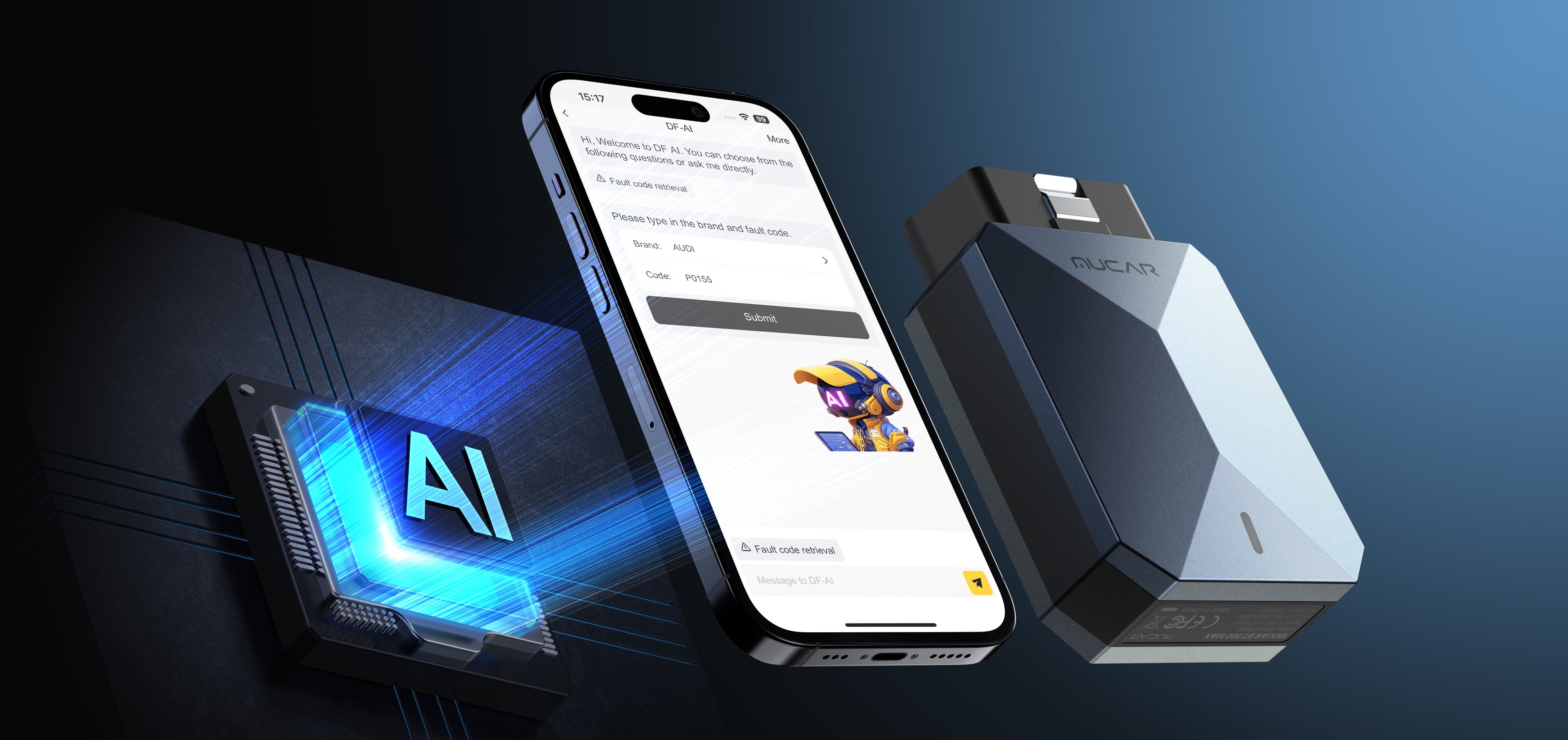 MUCAR BT200 MAX dongle next to a phone showing the DF-AI fault code retrieval screen