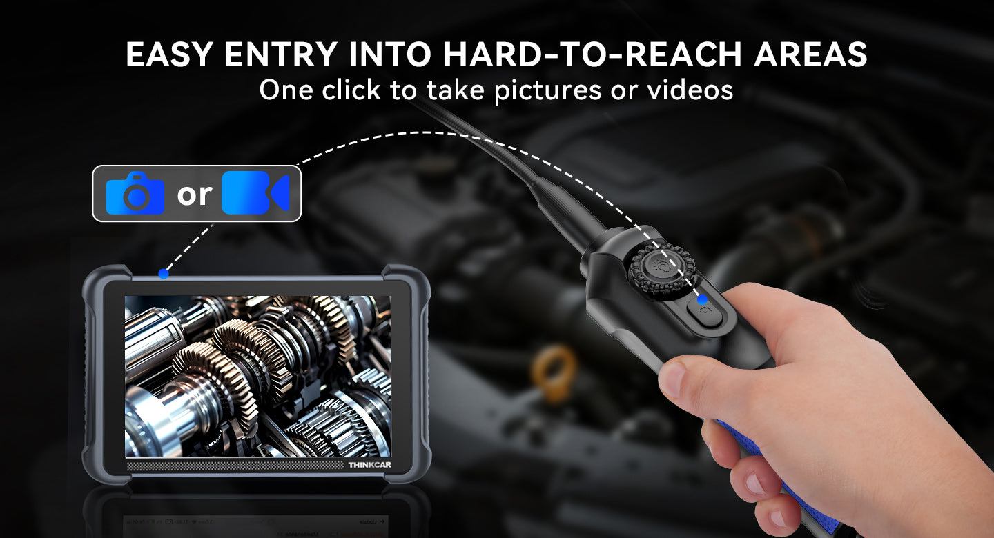 Hand holding the E021 handle while a THINKCAR tablet shows the live camera image