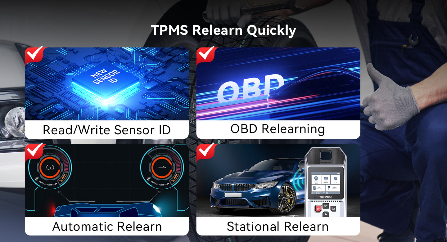 TPMS relearn options: read/write sensor ID, OBD relearning, automatic relearn and stationary relearn