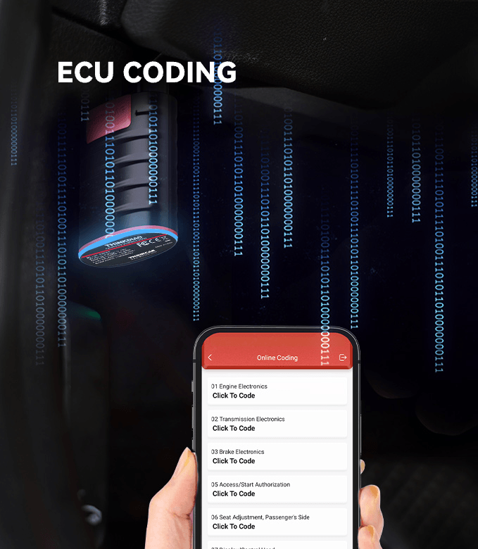 THINKDIAG online coding menu listing engine, transmission and brake electronics on a phone