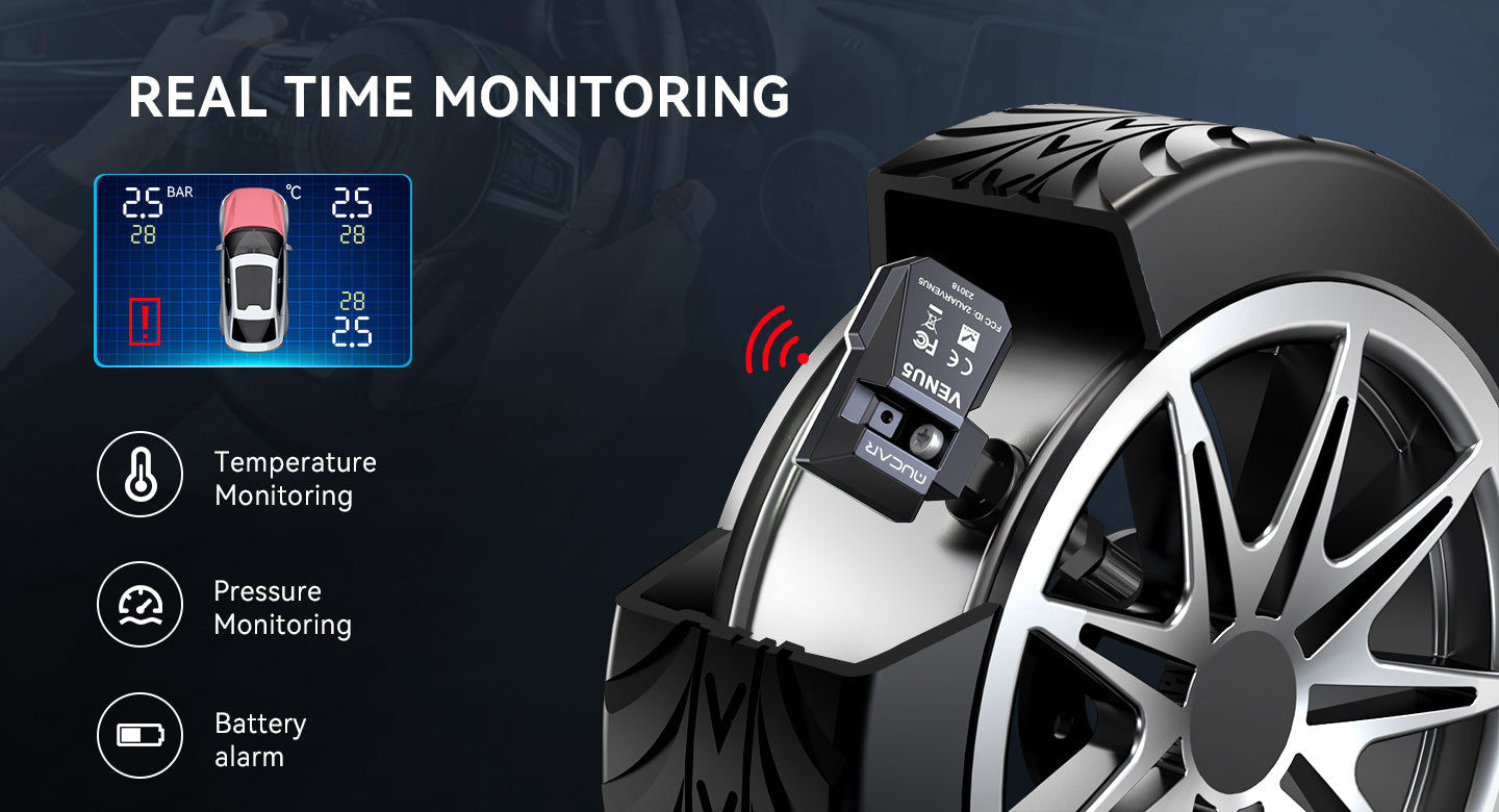 MUCAR VENU5 mounted inside a wheel next to a dashboard TPMS display