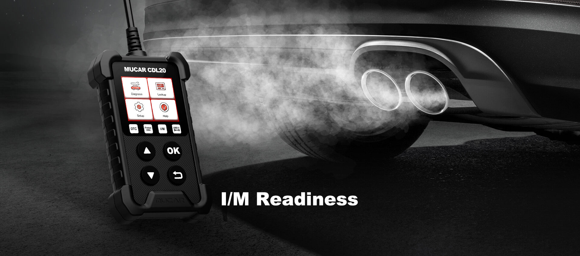 MUCAR CDL20 code reader with a car exhaust, illustrating I/M readiness checks