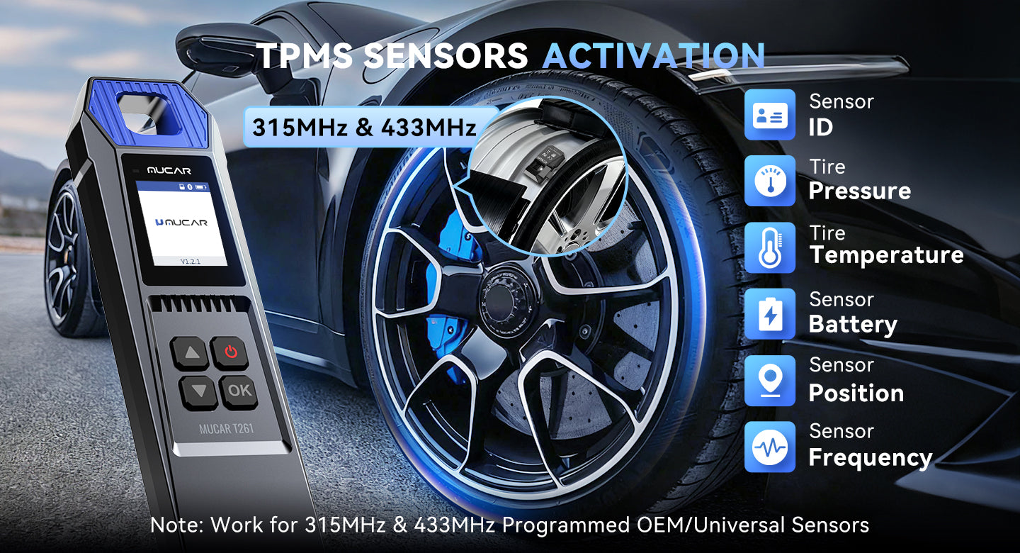 MUCAR T261 next to a wheel, listing sensor ID, tire pressure, tire temperature, sensor battery, position and frequency read during 315MHz and 433MHz activation