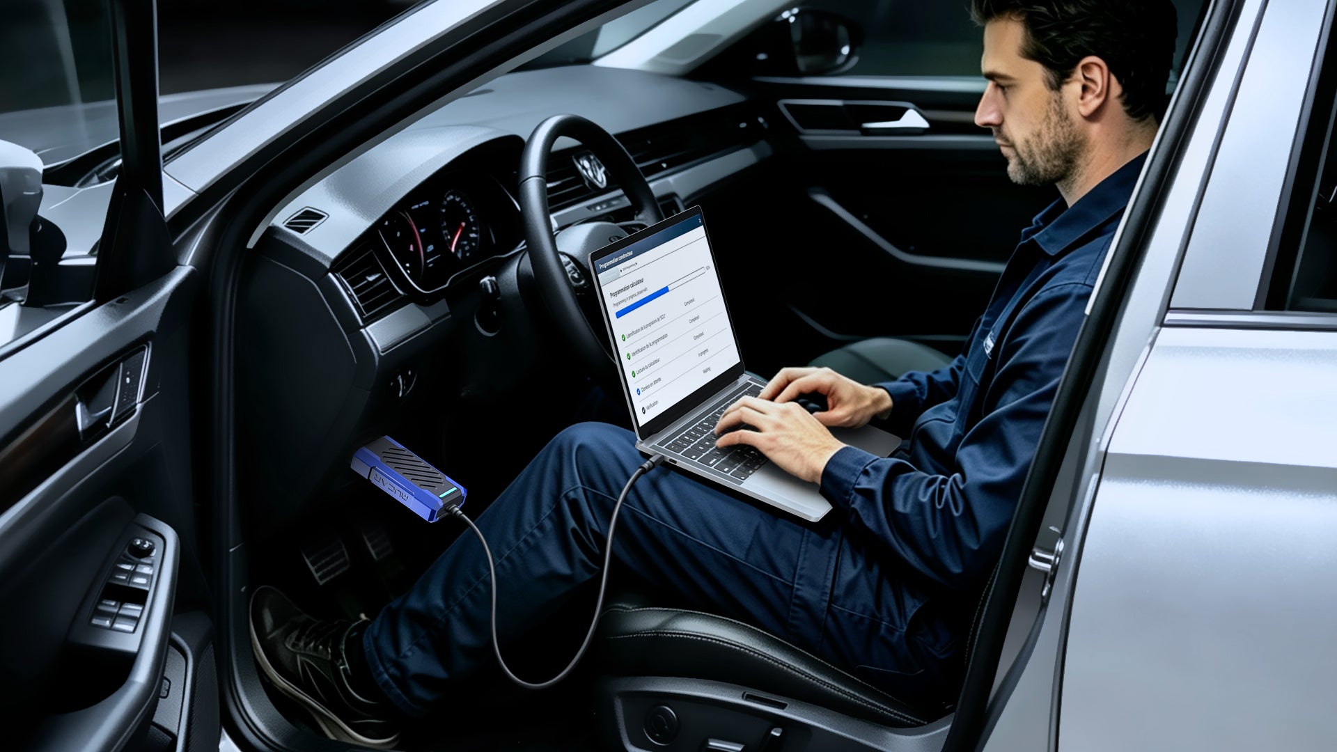 Technician in the driver's seat running OEM programming software on a laptop connected to the MUCAR VCI