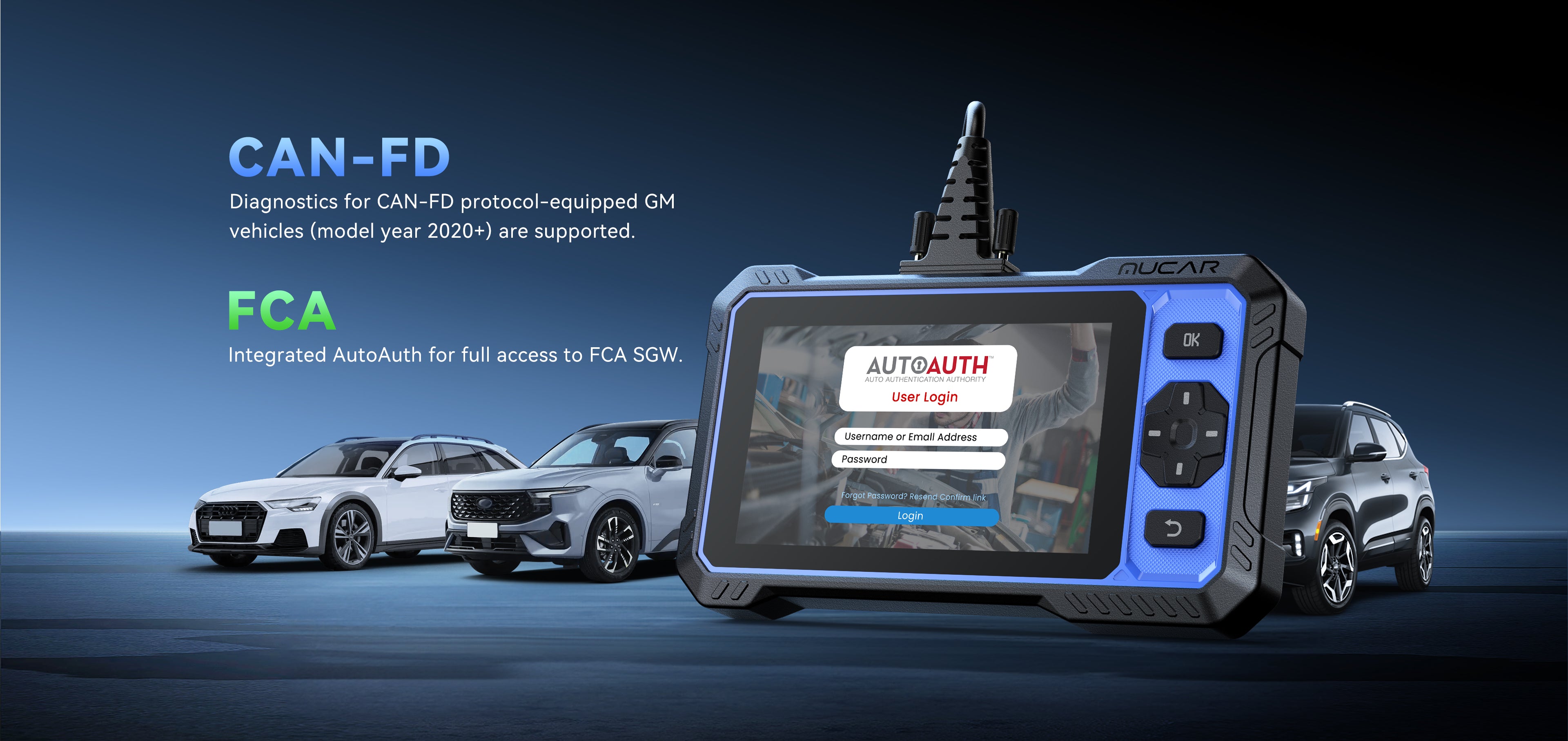 MUCAR 682 AutoAuth login screen with CAN-FD and FCA vehicles